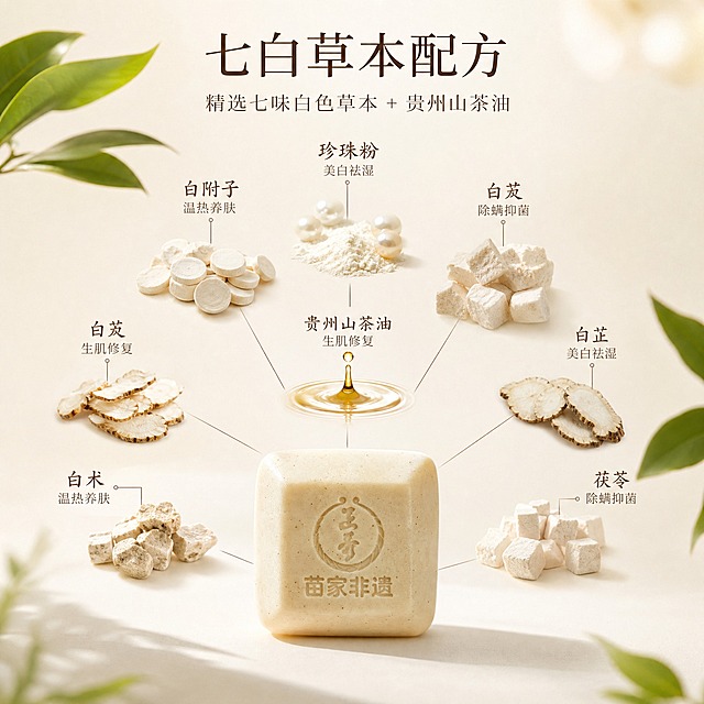[主图-2] 核心成分解析，展示七白草本配方与山茶油的天然植萃力量。
[统一基调] 东方草本温润风格；主色米白+浅棕褐色；背景为柔和渐变米白色；字体为优雅细衬线体；标题字色深棕褐色，辅助字色浅棕褐色；整体自然光感。
[画面] 正秀七白草本润肤皂位于画面下方居中，占画面30%。皂体上方悬浮七种白色草本原料（白附子、白芨、白蔹、白芷、白术、茯苓、珍珠粉）的真实形态与山茶油滴，用纤细引线连接至皂体对应位置。背景为纯净米白色渐变，点缀少量绿色叶片。成分原料清晰可见，质感真实。
[光影质感] 商业摄影质感，柔和顶光，成分原料有自然高光与阴影，悬浮感自然不生硬。
[配色] 米白主背景，深棕标题色，白色草本原料，绿色叶片点缀，金黄色山茶油滴。
[文字版式] 顶部主标题“七白草本配方”，下方副标题“精选七味白色草本 + 贵州山茶油”。成分旁标注对应名称与功效（温热养肤、除螨抑菌、美白祛湿、生肌修复），文字清晰不遮挡主体。
[输出要求] 1:1正方形，2K分辨率，文字清晰，产品清晰，无变形错字，无水印，无平台Logo。
