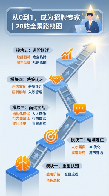 设计建议： 采用时间轴或阶梯攀登的视觉隐喻，色调以蓝/灰为主，搭配亮色突出重点。

文案与结构：

主标题：从0到1，成为招聘专家 | 20站全景路线图

五大模块（用图标+关键词突出）：

模块一：预览效果