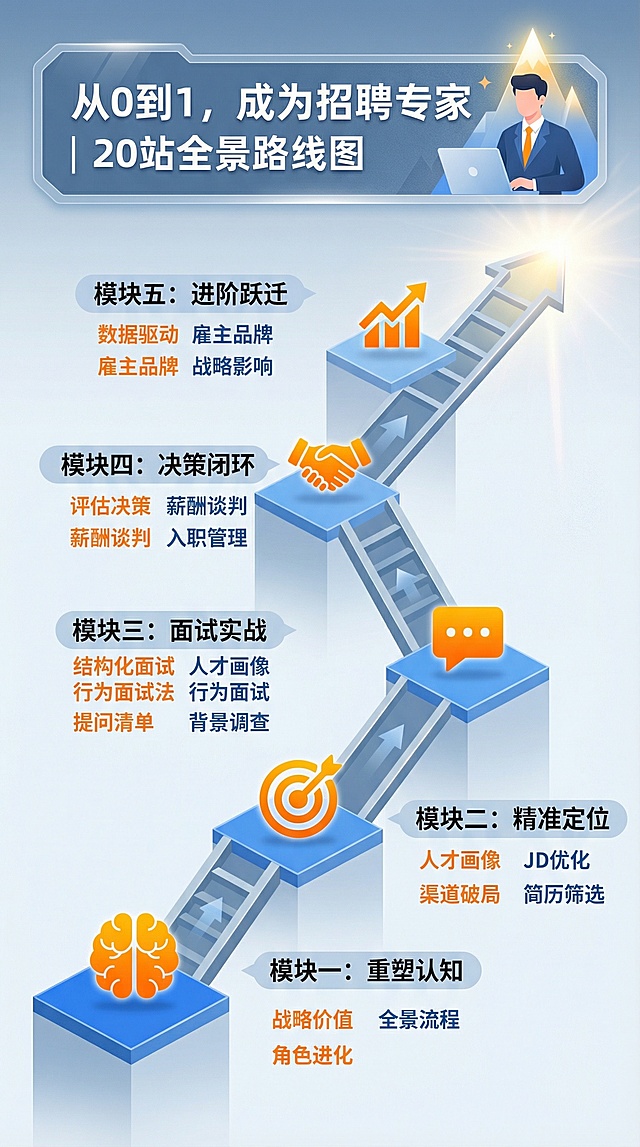 设计建议： 采用时间轴或阶梯攀登的视觉隐喻，色调以蓝/灰为主，搭配亮色突出重点。

文案与结构：

主标题：从0到1，成为招聘专家 | 20站全景路线图

五大模块（用图标+关键词突出）：

模块一：重塑认知

图标：🧠

关键词：战略价值、全景流程、角色进化

模块二：精准定位

图标：🎯

关键词：人才画像、JD优化、渠道破局、简历筛选

模块三：面试实战

图标：💬

关键词：结构化面试、行为面试法、提问清单、背景调查

模块四：决策闭环

图标：🤝

关键词：评估决策、薪酬谈判、入职管理

模块五：进阶跃迁

图标：📈

关键词：数据驱动、雇主品牌、战略影响