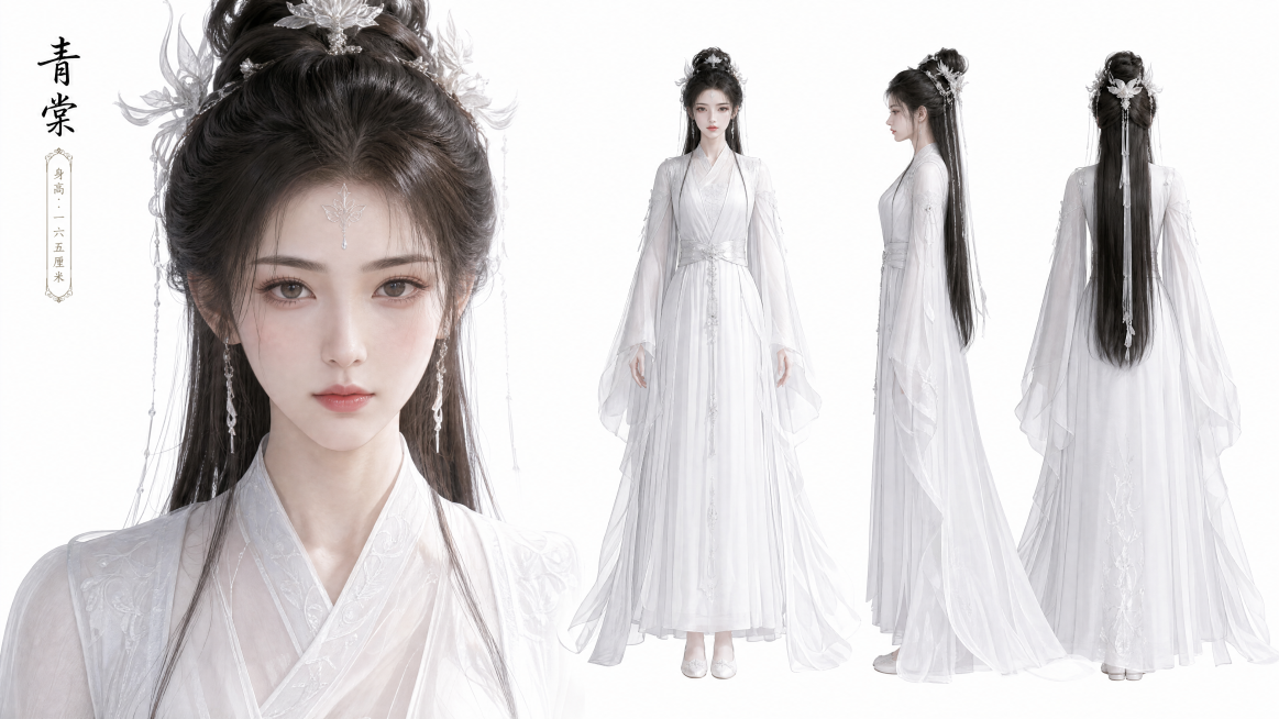 古风仙侠人设图，纯白色背景，主视觉+三视图布局，左侧一半宽度是女主角青棠大幅面部特写，右侧依次排列正面、侧面、背面等身比例全身像，女主角身高165cm模特比例身材，身穿素白缟衣，容貌清丽绝俗，完整展示预览效果