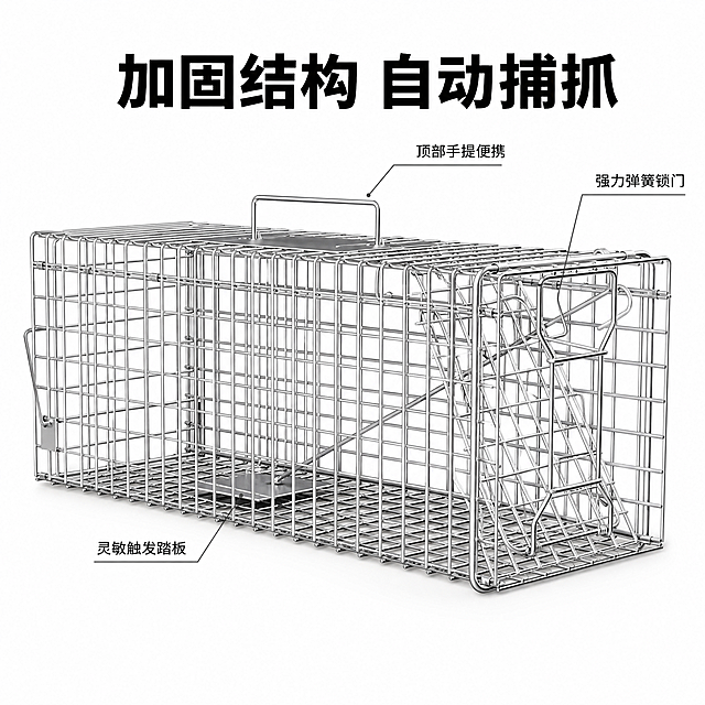 [主图-2] 捕猫笼核心结构亮点展示。
[氛围风格] 清晰专业质感，真实产品展示，干净有信任感。
[画质] 商业摄影质感、光线柔和通透、产品清晰真实、画面干净高级。
[元素] 人道捕猫笼主体居中放置，纯白背景干净简洁。重点展示触发机关、自动落门结构和顶部提手设计，用细线标注出三个核心区域：触发踏板、弹簧机关、便携提手。保持笼子整体外观（物理结构、网格大小、材质质感、颜色）与输入产品图绝对一致，杜绝任何变形和色差，精细化处理。商品主体占比约65%，整体构图居中稳定，细节清晰可见。
[光影] 顶侧柔光，笼身网格阴影清晰，突出金属结构立体感，没有死黑暗部。
[配色] 纯白背景，金属笼身银色，标注线深灰色，简洁专业。
[视角构图] 平视正前方视角，景深较浅，突出核心细节。
[文字版式] 顶部居中大字主文案写“加固结构 自动捕抓”，黑色粗体居中。每根引线对应文字标注，分别是“灵敏触发踏板”“强力弹簧锁门”“顶部手提便携”，小号黑色清晰字体，引线纤细不遮挡产品。
[比例分辨率] 1:1比例，2k分辨率，文字清晰锐利，超高清画质。
[负向提示词] 变形，水印，文字错乱，产品图模糊，背景杂乱