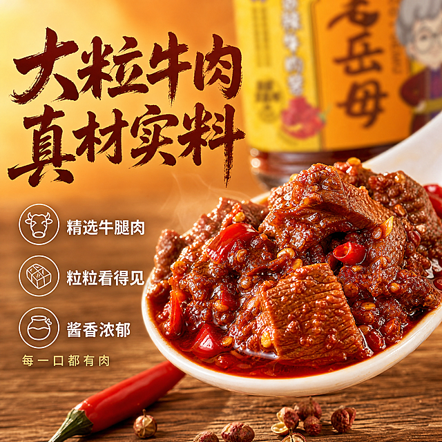 [主图-3] 细节与成分展示，微距放大牛肉酱内部真实质地，突出大颗粒牛肉和真材实料。
[统一基调] 整体暖色调食欲风，背景主色为暖橙渐变搭配木质餐桌纹理，标题字色为深棕红色，辅助字色为米白色，强调色为辣椒红。字体样式：主标题用粗笔刷书法字，厚重有飞白；辅助文案用清爽黑体；整体风格专业品质，符合淘宝天猫食品类目调性。
[画面] 画面中心偏右是一个特写的白色瓷勺，勺子里舀满了香辣牛肉酱，微距镜头展示酱料细节：清晰可见的大颗粒牛肉（约1-2厘米见方的牛肉丁）、红辣椒段、红油光泽、豆瓣酱的细腻质地，酱料油亮诱人，有轻微热气升腾。背景虚化处能看到产品瓶身的下半部分，作为产品关联。左侧是文案区。画面底部是木质桌面纹理。旁边散落1-2颗完整的红辣椒和几粒花椒作为装饰。
[光影质感] 自然暖光侧逆光，突出酱料的油亮光泽和牛肉粒的肌理纹理，颗粒感真实，红油有通透反光，整体微距摄影质感，景深较浅，焦点在勺子里的牛肉酱。
[配色] 酱料红棕色油亮，牛肉深褐色，辣椒鲜红，背景暖橙虚化，文字深棕红和米白，整体暖色调统一。
[文字版式] 左侧文案区竖排分布。最上方主标题大字"大粒牛肉 真材实料"，笔刷书法体深棕红色。中间三个卖点图标加文字，从上到下："精选牛腿肉""粒粒看得见""酱香浓郁"，每个卖点配一个简约小图标，黑体米白色。底部小字"每一口都有肉"，细黑体浅橙色。文字不遮挡酱料主体。
[输出要求] 1:1正方形比例，2048*2048像素，酱料细节清晰，牛肉粒分明，食欲感强。禁止变形、错字、模糊、杂乱、水印、平台Logo、不真实的材质表现。