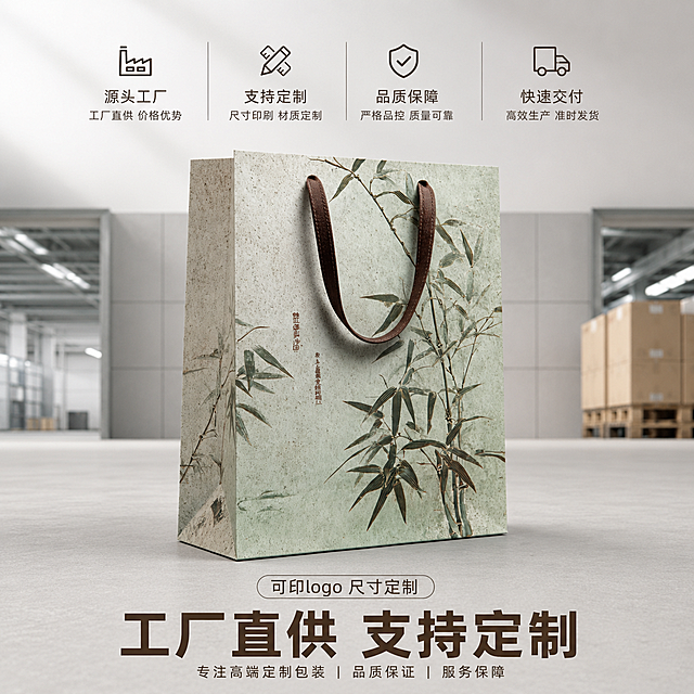 「图片1」「图片1」「图片1」「图片1」，生成一套主图（5张），商品名称是新中式手提袋，卖点是主视觉大字突出「新中式竹纹 国风手提袋」，搭配产品实拍图 2. 第二张图放细节特写（提手、纹理、书法落款），配文字 “加厚工艺 皮质提手” 3. 第三张图放场景应用（装茶叶礼盒 / 伴手礼），标注 “全场景适配” 4. 第四张图放定制服务说明，突出 “工厂直供 支持定制”，适配1688平台，主图比例为1:1