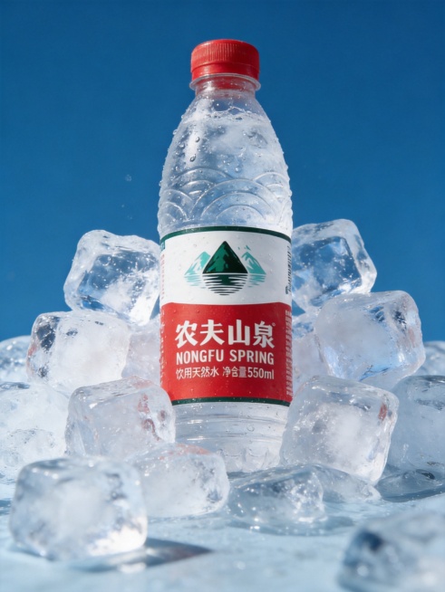 生成电商产品主图，整瓶展示冰镇农夫山泉天然饮用水，夏日清爽风格，冰块围绕预览效果