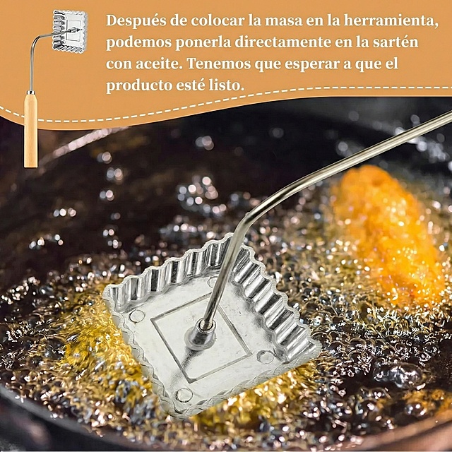 将图片中的英文替换为西班牙语：“Después de colocar la masa en la herramienta, podemos ponerla directamente en la sartén con aceite. Tenemos que esperar a que el producto esté listo.”