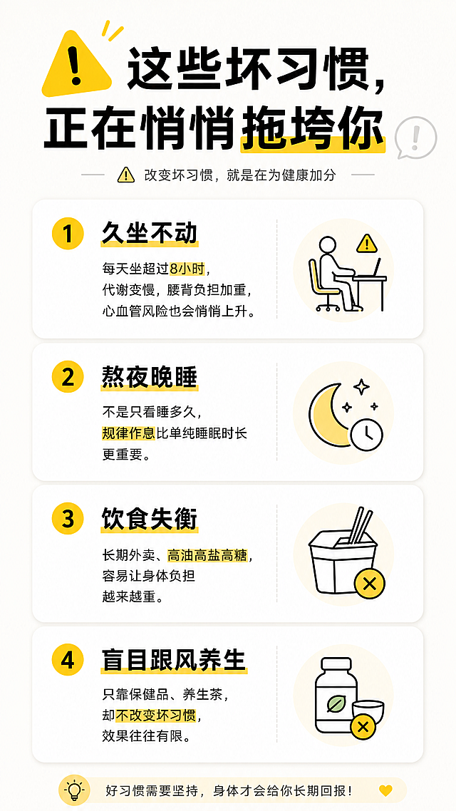 小红书内页图，标题"⚠️ 这些坏习惯，正在悄悄拖垮你"，列出四个坏习惯：1.久坐不动：每天坐超过8小时风险说明；2.熬夜晚睡：规律比时长重要；3.饮食失衡：外卖高油高盐问题；4.盲目跟风养生：只靠保健品不改变坏习惯。整体风格简约清晰，文字排版整齐，背景干净浅色，适合小红书图文，警示黄色标题