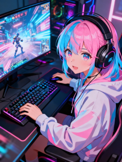 生成一个玩电竞游戏的二次元少女预览效果