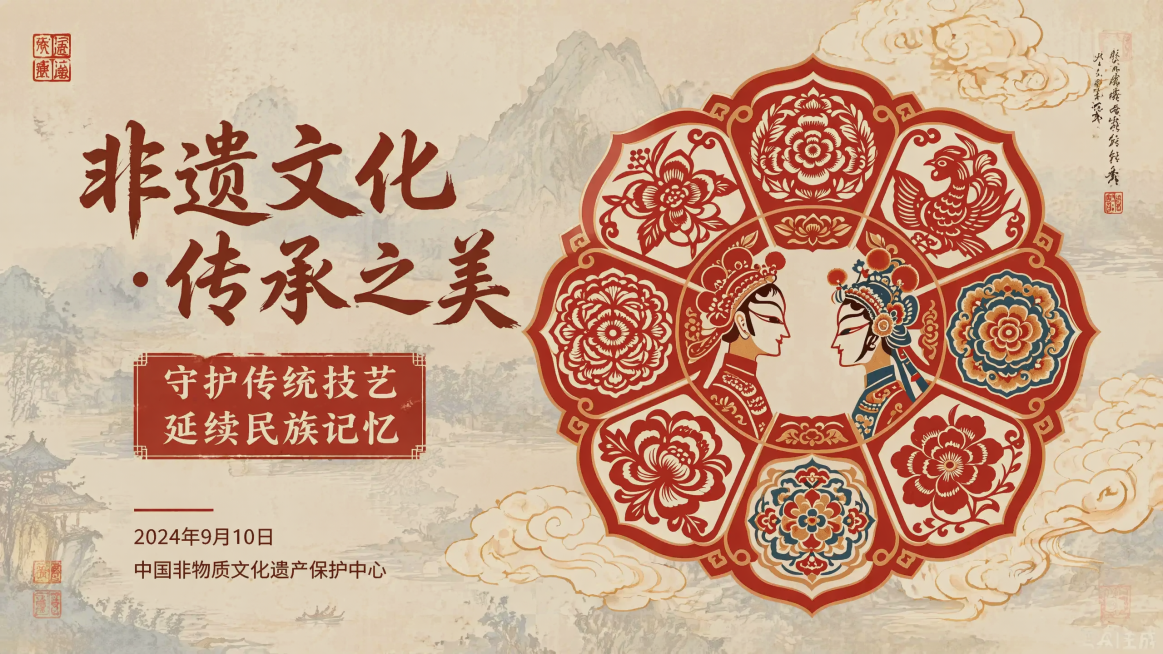 参考第一张图片的新国风排版风格，将第二张图片的非遗文化剪纸内容重新生成海报，保留所有文字内容：非遗文化·传承之美，守护传统技艺，延续民族记忆，2024年9月10日，中国非物质文化遗产保护中心，保留剪纸预览效果