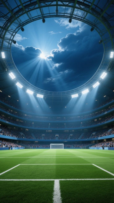 超写实风格的足球场全景，深邃的深蓝色天空中点缀着厚重的云层，阳光从云层缝隙中穿透形成明亮的光束，照亮整个场景。现代化的多层环形看台坐满观众，顶部是弧形钢架结构屋顶，下方悬挂着多排明亮的大型体育场灯光，灯光投射出强烈的光线照亮绿色的人工草坪足球场。草坪修剪整齐，白色的标线清晰可见，场地中央远处有足球门，整体画面呈现出大气磅礴、充满活力的氛围，具有强烈的视觉冲击力和空间纵深感，色彩以深蓝和翠绿为主……预览效果