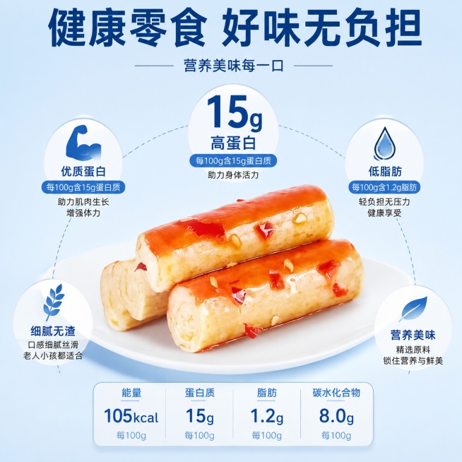 [主图-6] 营养成分亮点展示。[氛围风格] 干净简约，健康向风格。[画质] 清晰商业信息图，文字可读，产品清晰。[元素] 三根蟹柳棒居中放置，周围用图标加文字展示核心营养，高蛋白低脂肪细腻无渣，图形预览效果