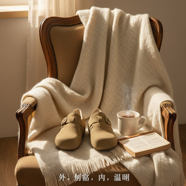布局： 场景图。一只鞋子正面摆放，另一只微微翻折，巧妙露出内部温暖的羊羔绒。鞋子置于铺有厚羊绒毯的旧椅子上，旁边有一杯热饮和一本书。

文案： 底部居中，细字体，“外，从容；内，温润”。

目的： 一预览效果