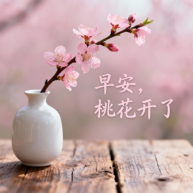 一枝带露的桃花斜插在白瓷瓶里，背景是原木桌面，配 “早安，桃花开了”