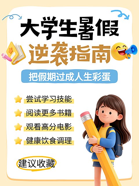 3d立体卡通大学生暑假逆袭指南知识分享小红书封面