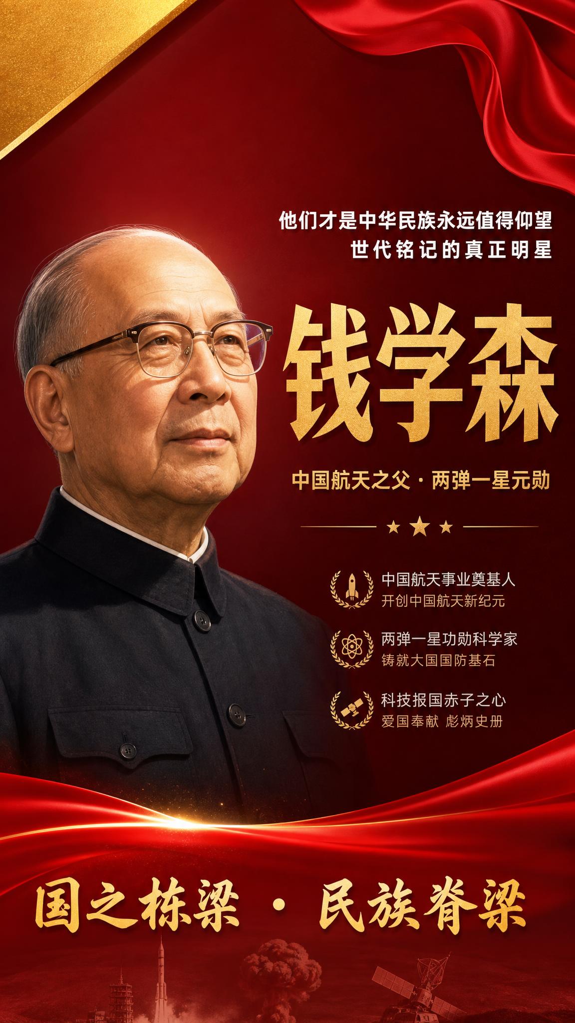 国之栋梁人物挂画海报，钱学森主题，参考图版式骨架复刻。深红色渐… - 图片创意预览