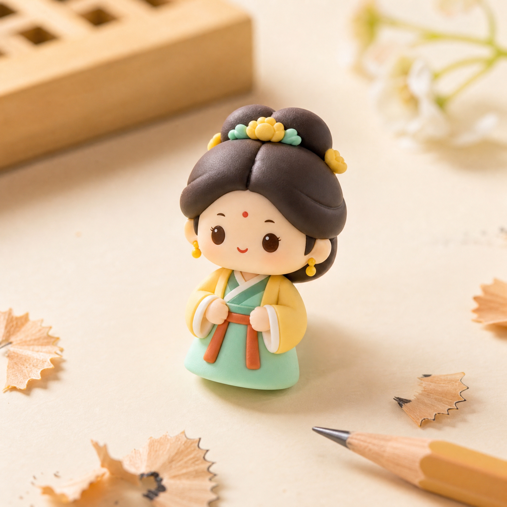 产品摄影图，一块造型橡皮擦，橡皮是贤母园Q版古风小女孩的立体造… - 图片创意预览