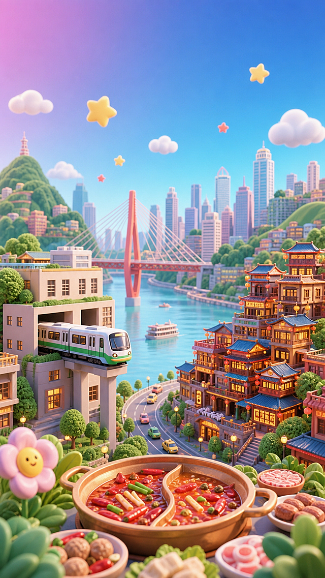 参考参考图片的3D粘土风格，重新生成重庆旅游主题画面，包含轻轨穿楼、洪崖洞建筑、城市山水风光、火锅元素，移除所有文字内容，移除背景图层，保留插画整体构图和色彩风格