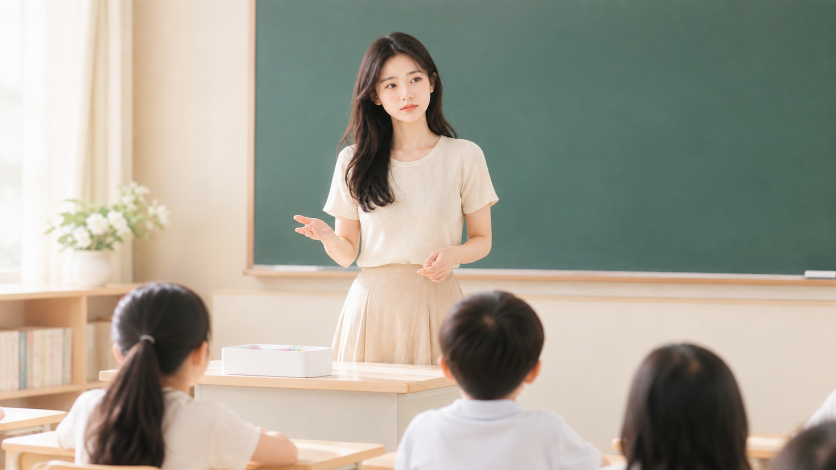 保持原图奶油清新风格、女教师外貌服装、教室环境和学生构图不变，… - 图片创意预览