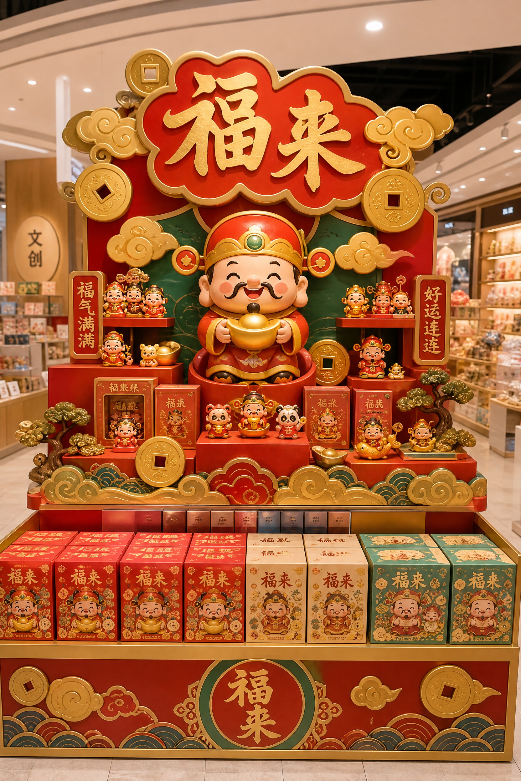 设计一个"福来"祈福潮玩盲盒主题展示货架，参考大型主题展架形式… - 图片创意预览