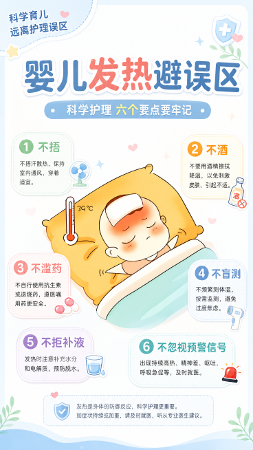 温馨母婴科普风格海报，9:16，保留原图发热婴儿的卡通插画，画面顶部是主标题"婴儿发热避误区"，副标题"科学护理 六个要点要牢记"，画面两侧和下方用信息标签清晰标注六个核心要点："不捂"、"不酒"、"预览效果