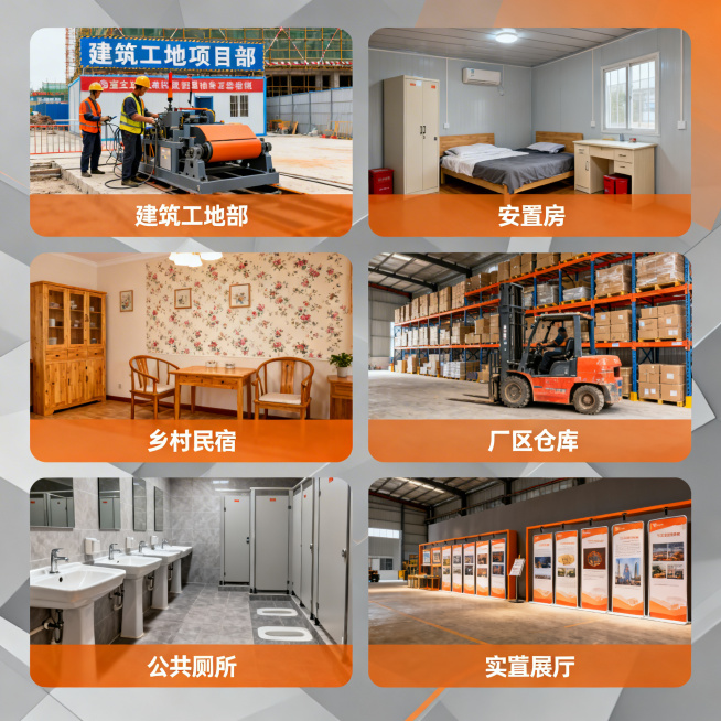 淘宝多场景应用展示图，分六格展示：1. 建筑工地项目部 2. 临时安置房 3. 乡村民宿 4. 厂区仓库 5. 公共厕所 6. 临时展厅，每个场景配对应实拍图，文字标注场景名称，暖色调氛围，几何无衬线预览效果