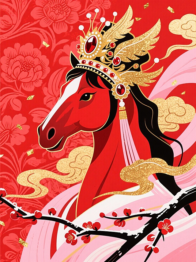 国潮风插画，拟人化红马戴金冠，鎏金云纹与刺绣梅花点缀，喜庆中式年味浓。