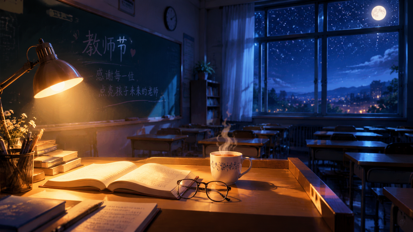 教师节梦幻插画，夜晚的教室场景，16:9横版构图。一盏暖黄色台… - 图片创意预览
