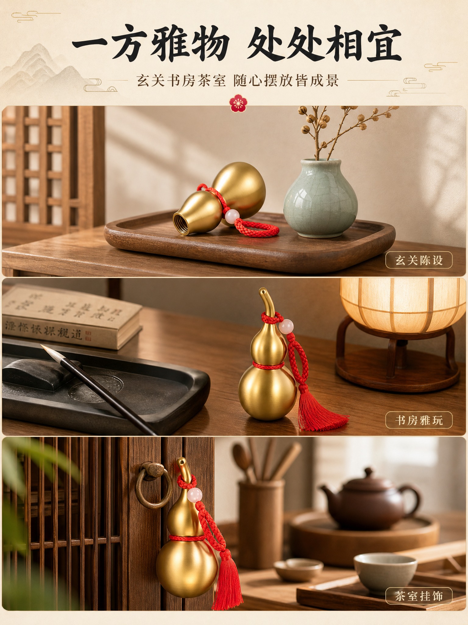[商品] 使用【图1】7cm纯铜葫芦摆件；保留金色拉丝质感、红… - 图片创意预览