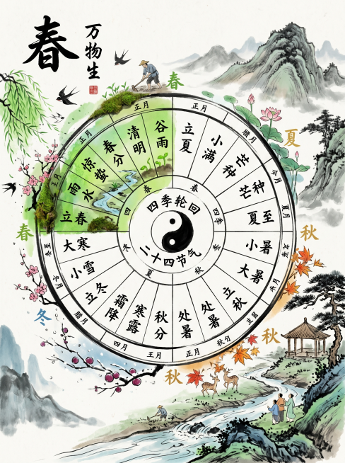 左侧轮盘位置展示春季，水墨画卷风格，整体色调为春绿，融入二十四节气轮盘意象，突出四季轮回主题，凝练春季节气核心文化符号预览效果