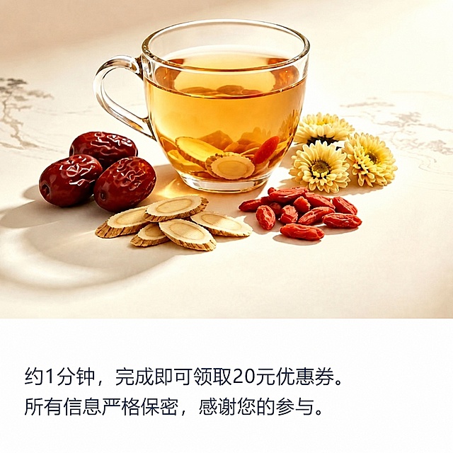 保持上方养生茶的画面不变，保留红枣、黄芪片、枸杞、菊花和玻璃茶杯的构图，在图片下方空白区域保留原文字排版，修改文字内容：第一行填写约1分钟，完成即可领取20元优惠券。第二行所有信息严格保密，感谢您的参与。画面整体风格保持和原图一致。