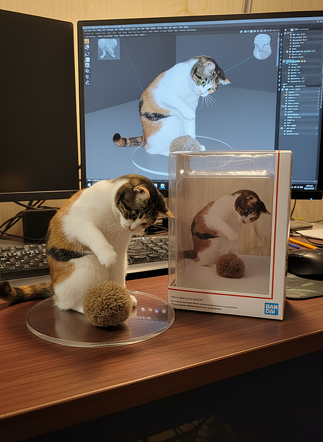 将这个图片制作成一个商业化1/7比例手办，风格写实，环境逼真。手办放置在电脑桌上，配有一个圆形透明亚克力底座，底座上没有文字。电脑屏幕上显示着手办的Zbrush建模过程。电脑屏幕旁边是一个万代风格的透明玩具盒，上面印有原始画作。