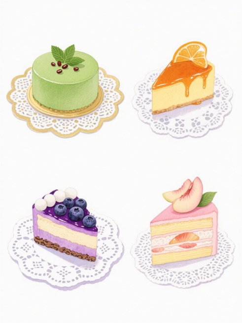 四格水彩风格插画，透明水彩的湿润晕染质感，柔和光影，细腻笔触，白色背景。左上角：抹茶绿色圆形抹茶慕斯蛋糕，顶部点缀薄荷叶与红豆粒，置于金色蕾丝托盘，下方垫有独特花纹的白色蕾丝餐垫。右上角：橙黄色焦糖布丁蛋糕切片，表面淋焦糖酱，装饰橙色糖渍橙皮，下方垫有不同花纹的白色蕾丝餐垫。左下角：紫色蓝莓芝士蛋糕切块，铺满新鲜蓝莓与白色糖霜球，底层为紫色饼干碎，下方垫有另一花纹的白色蕾丝餐垫。右下角：粉色蜜……预览效果