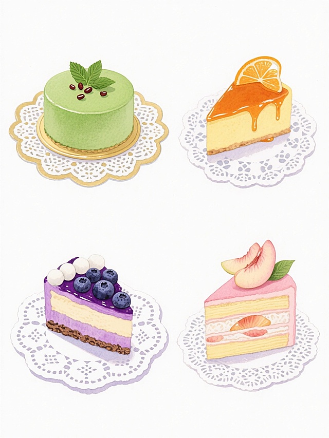 四格水彩风格插画，透明水彩的湿润晕染质感，柔和光影，细腻笔触，白色背景。左上角：抹茶绿色圆形抹茶慕斯蛋糕，顶部点缀薄荷叶与红豆粒，置于金色蕾丝托盘，下方垫有独特花纹的白色蕾丝餐垫。右上角：橙黄色焦糖布丁蛋糕切片，表面淋焦糖酱，装饰橙色糖渍橙皮，下方垫有不同花纹的白色蕾丝餐垫。左下角：紫色蓝莓芝士蛋糕切块，铺满新鲜蓝莓与白色糖霜球，底层为紫色饼干碎，下方垫有另一花纹的白色蕾丝餐垫。右下角：粉色蜜桃千层蛋糕，每层夹有蜜桃果肉，顶部摆放蜜桃片与绿色叶子，下方垫有又一花纹的白色蕾丝餐垫。整体画面色彩和谐，光影柔和，各甜点细节清晰，保持水彩特有的通透感与轻盈笔触，餐垫花纹精致且各不相同。
