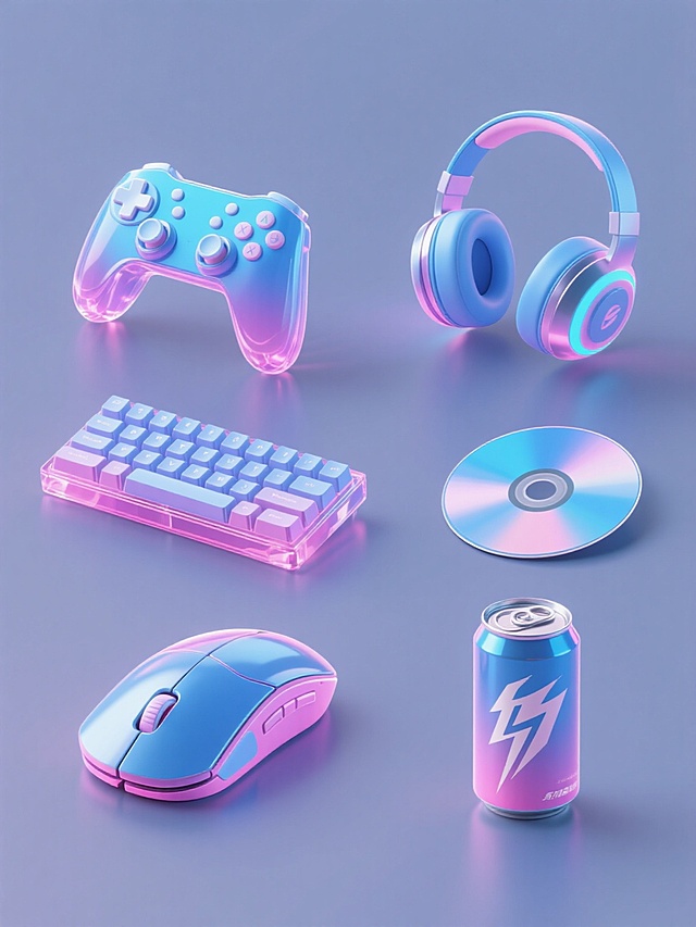 6个不同电竞元素的系列素材集合，规整排布在纯色背景上，每个元素都采用与原图一致的蓝粉渐变透明塑料质感，具有光滑的表面和明显的高光反射，元素包括游戏手柄、键盘按键、头戴式耳机、电竞鼠标、游戏光盘和能量饮料罐，整体保持统一的3D渲染风格和光影效果，呈现出科技感和时尚感的电竞主题设计