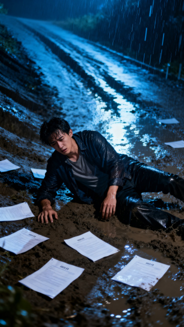 分镜头二：雨夜，年轻人摔倒在泥泞的下坡路上，简历文件散落一地，雨水打湿全身，表情失落沮丧，冷蓝色调，强烈对比，电影氛围感，主题追梦路上的跌倒预览效果