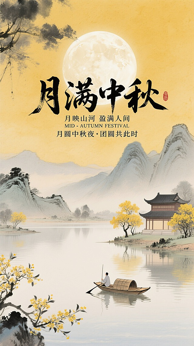 艺术字标题“月满中秋”，小字“月映山河 盈满人间“、“MID - AUTUMN FESTIVAL”、“月圆中秋夜・团圆共此时” 文字，天空中明亮的圆月，下方是山水景色，有连绵的山峦、平静的湖水，湖面上有一叶扁舟，船上有一人。湖边有中式楼阁，还有开着黄色花朵的树木，暖黄色为底色