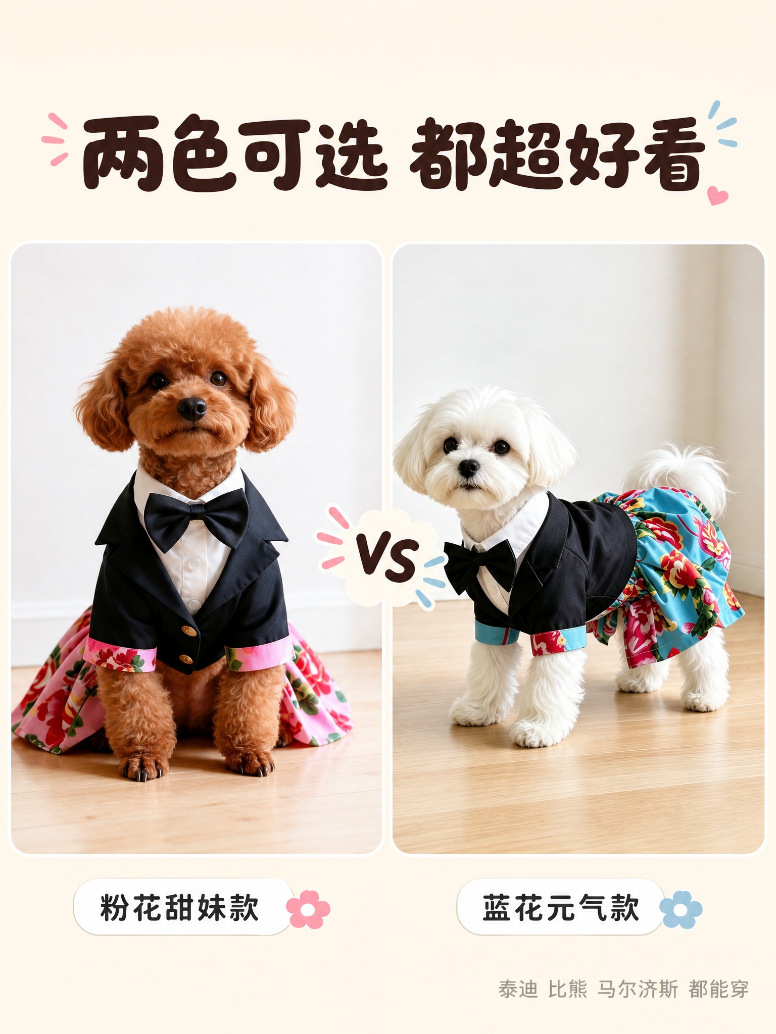 [主图-4] 小红书宠物服装多款式展示图，主题为两色可选多犬种… - 图片创意预览