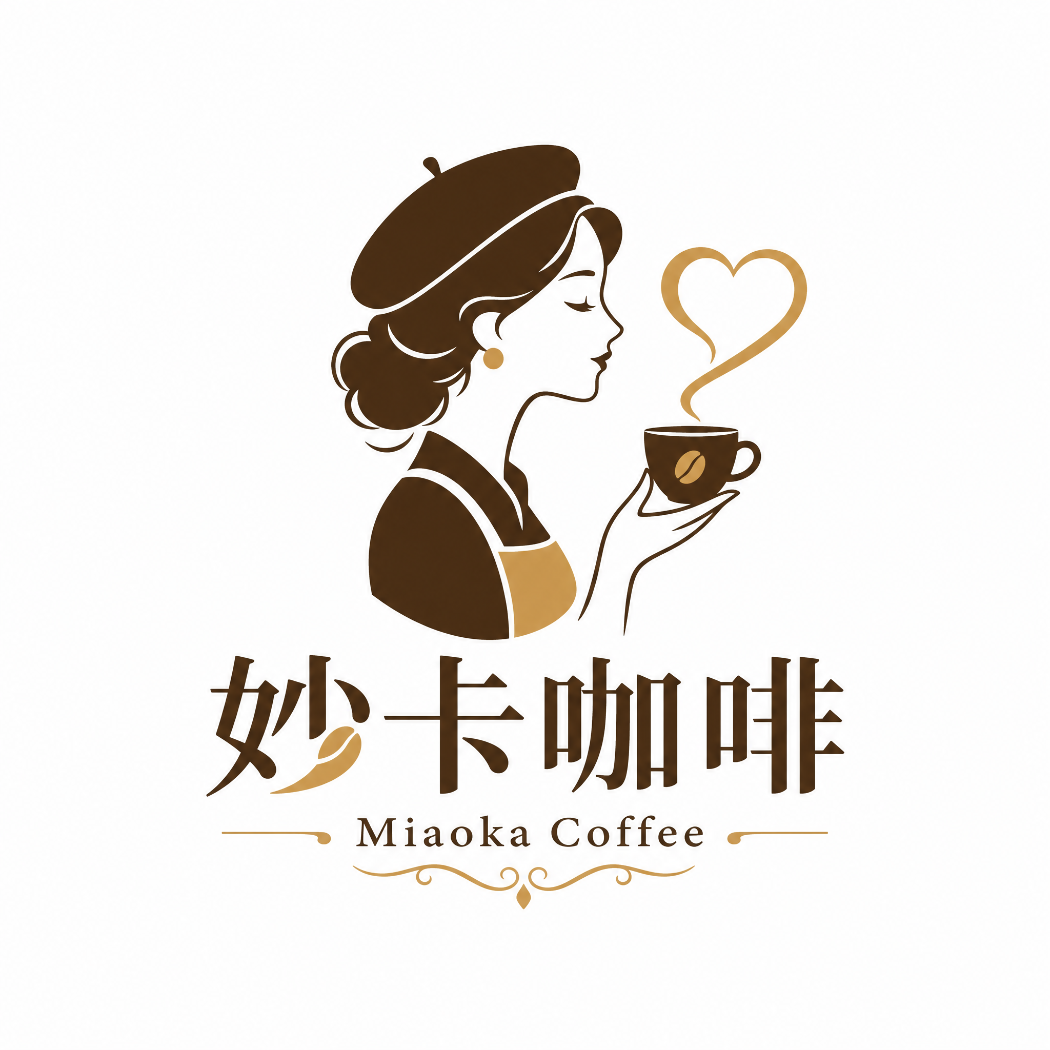 Logo设计，妙卡咖啡品牌标志。方案一：人物元素。一位优雅的咖… - 图片创意预览