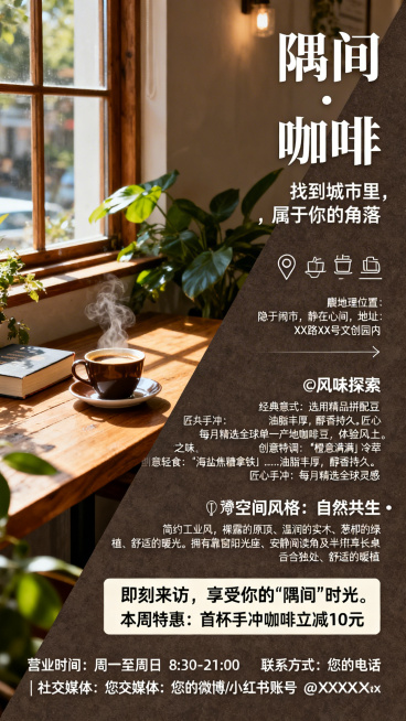 现代简约风格咖啡馆开业宣传海报，主色调为暖木色、深咖色和植物绿。对角线分割构图，左侧为高品质氛围图：店铺一角，阳光透过窗户洒在实木桌面上，一杯热咖啡冒着热气，旁边放着一本书，周围点缀绿植，温暖氛围感。预览效果