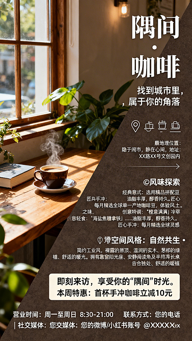 现代简约风格咖啡馆开业宣传海报，主色调为暖木色、深咖色和植物绿。对角线分割构图，左侧为高品质氛围图：店铺一角，阳光透过窗户洒在实木桌面上，一杯热咖啡冒着热气，旁边放着一本书，周围点缀绿植，温暖氛围感。右侧为清晰排版的文字信息，顶部主标题为"隅间 · 咖啡"，副标题为"找到城市里，属于你的角落"。中间核心信息区使用简约线性图标引导，包括📍地理位置：隐于闹市，静在心间，地址：XX路XX号文创园内；☕风味探索：经典意式：选用精品拼配豆，油脂丰厚，醇香持久。匠心手冲：每月精选全球单一产地咖啡豆，体验风土之味。创意特调：「橙意满满」冷萃、「海盐焦糖拿铁」……唤醒你的味蕾新灵感。搭配轻食：每日现烤贝果、可颂，及健康沙拉；🪴空间风格：自然共生 · 简约工业风，裸露的原顶、温润的实木、葱郁的绿植、舒适的暖光。拥有靠窗阳光座、安静阅读角及半开放共享长桌，适合独处、会谈与灵感迸发。底部行动号召区文字："即刻来访，享受你的'隅间'时光。本周特惠：首杯手冲咖啡立减10元。"最底部信息：营业时间：周一至周日 8:30 - 21:00 联系方式：您的电话 | 社交媒体：您的微博/小红书账号@XXX。主标题使用优雅粗衬线字体，正文使用清晰无衬线字体，整体设计干净高级，突出安静温馨的店铺气质。