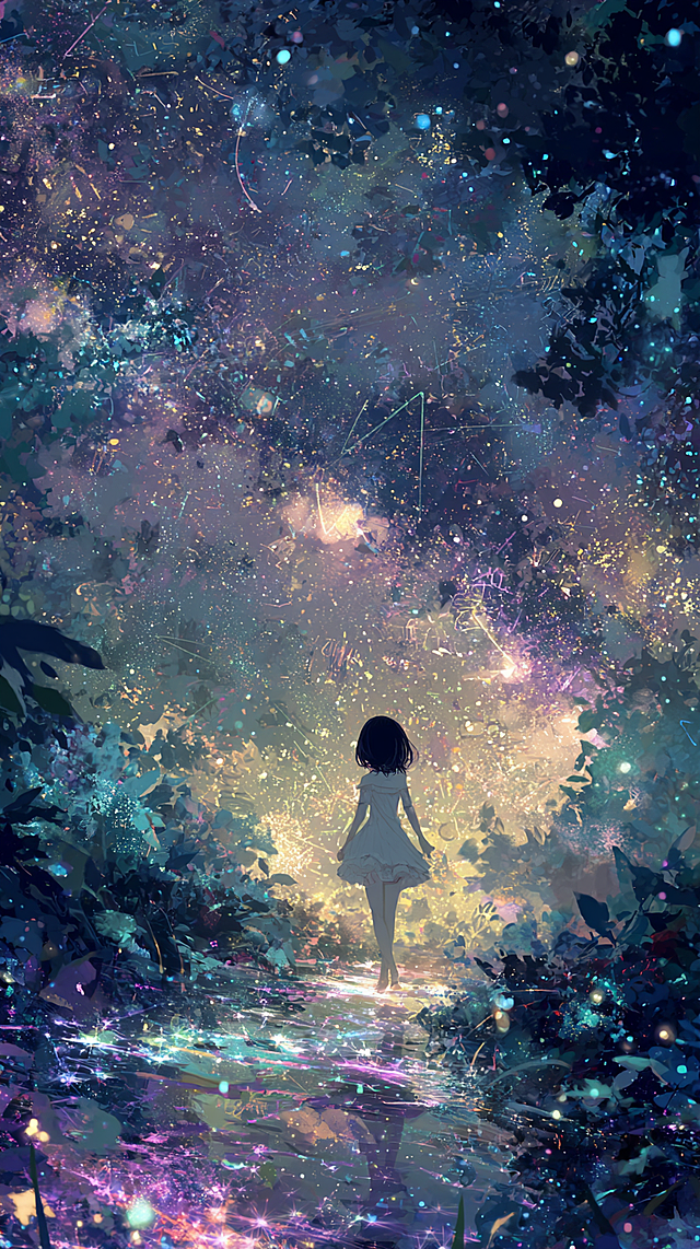 梦幻光影交织的秘境，少女步入星河倒映的溪流，插画风与粒子效果营造出唯美的虚拟自然，静谧中透着浪漫神秘。