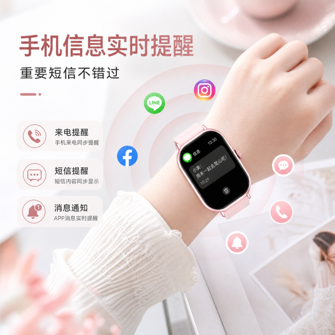 将粉色智能手表改为跨境电商主图，参考第二张图的佩戴使用场景，保留原图片的文字卖点信息：手机信息实时提醒，重要短信不错过，来电提醒、短信提醒、消息通知，放在佩戴场景中，适合跨境电商展示预览效果