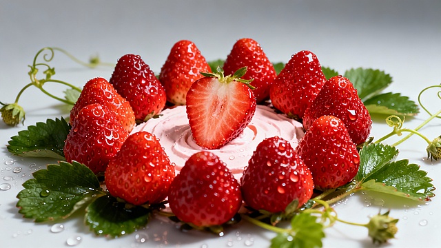 草莓水果创意实拍静物图，诱人的新鲜红色系水果，充满了食欲，看上去就想咬上一口，草莓季促销场景实拍图，真实高清摄影。有水珠点缀草莓上，奶油草莓，高清质感摄影