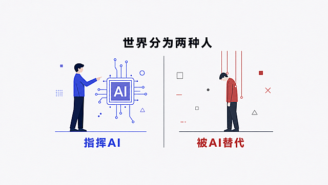 基于参考图进行修改，保持扁平化插画风格、人物和场景元素不变，将顶部大字标题"世界分为两种人"和底部左右两组文字"指挥AI"、"被AI替代"整体向画面中间区域移动，缩小文字尺寸，确保所有文字内容都集中在画面中央安全区域内，上下边缘留出足够空白，避免在账号主页展示时文字被裁切遮挡。文字保持原有的字体风格，蓝色文字在左侧，红色文字在右侧，中间分割线保留，整体视觉平衡。
