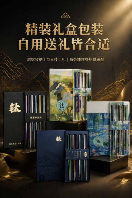 第9屏：2:3竖版电商详情图，高端商务质感风 + 艺术插画风融合，鎏金肌理简约背景；多款礼盒整体展示，全景呈现礼盒外观设计，多款式礼盒组合摆放；主标题居中对称大气排版，厚切立体鎏金文字，副标题纤细极简预览效果