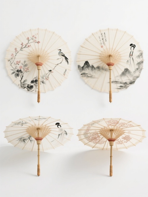 四个油纸伞以整齐排列的方式展示在纯白色背景上，每把伞具有不同的传统配色方案、独特的古典样式和雅致风格。伞面采用细腻的水墨画技法绘制，分别呈现不同的传统中国风图案，如花鸟、山水、仕女或吉祥纹样，伞骨为竹制，呈现自然的浅棕色，伞柄带有简约的雕刻纹理，整体画面具有淡雅的色彩过渡、柔和的水墨晕染效果和清晰的线条勾勒，营造出宁静雅致的东方美学氛围。预览效果