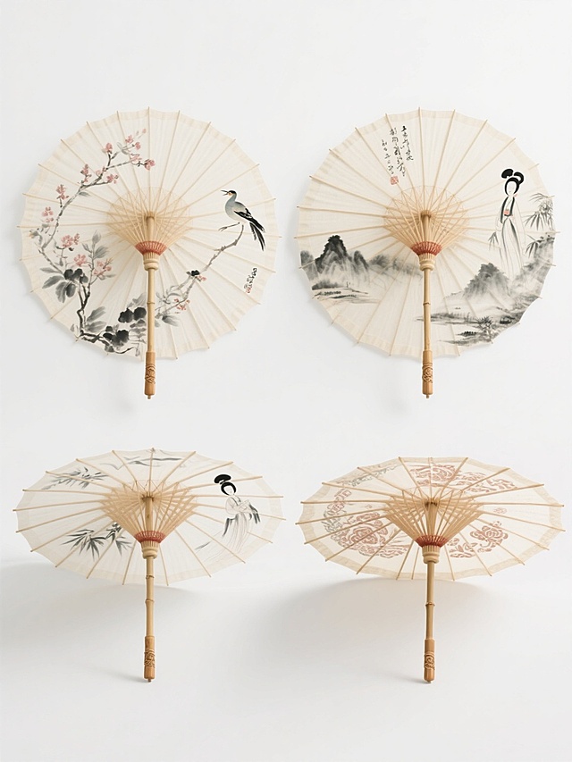 四个油纸伞以整齐排列的方式展示在纯白色背景上，每把伞具有不同的传统配色方案、独特的古典样式和雅致风格。伞面采用细腻的水墨画技法绘制，分别呈现不同的传统中国风图案，如花鸟、山水、仕女或吉祥纹样，伞骨为竹制，呈现自然的浅棕色，伞柄带有简约的雕刻纹理，整体画面具有淡雅的色彩过渡、柔和的水墨晕染效果和清晰的线条勾勒，营造出宁静雅致的东方美学氛围。
