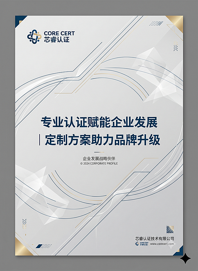 企业画册P02扉页，尺寸为大度16开竖版 210×285mm，风格商务简约专业权威，背景为浅灰色底，搭配简约商务线条装饰，角落放置企业LOGO，正文文字是"专业认证赋能企业发展 | 定制方案助力品牌升级"，主色调为深海蓝、白色、浅灰，点缀浅金