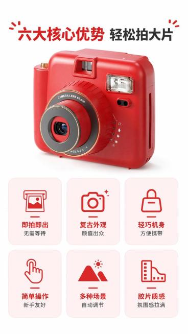 [第3屏] 核心卖点总览屏，更换排版为上下两排排布，更舒展。本屏使用【图1】作为商品主体展示。
[氛围/风格] 简约明亮风，图文均衡展示，轻松易读。
[元素布局] 顶部放置红色拍立得相机【图1】，占页预览效果