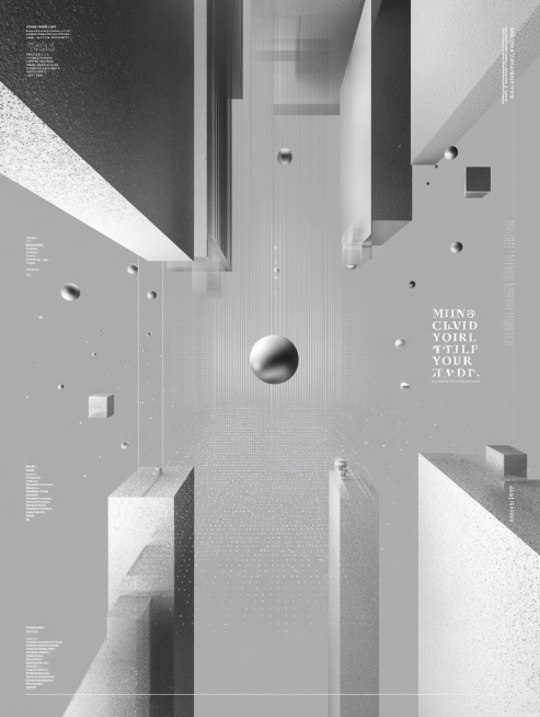 艺术风格
极简未来主义，融合建筑解构与负空间美学，冷调高级灰+金属银点缀
构图布局
中心留白间隙结构，悬浮几何体象征平行现实，文字沿断裂轴线排布增强张力
视觉元素
抽象建筑断层、悬浮模块、微光粒子流，预览效果
