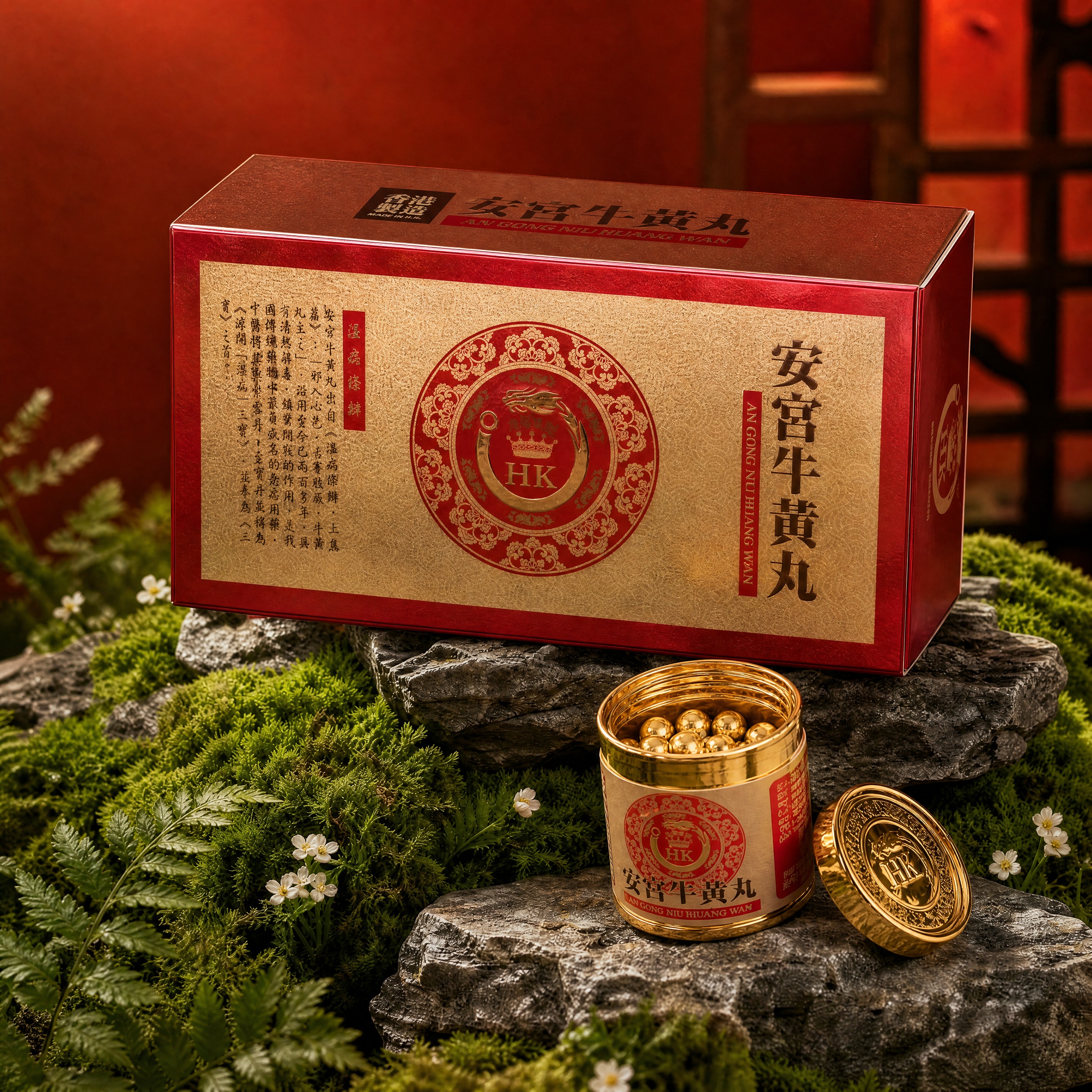 超写实产品摄影。 主体：安宫牛黄丸药盒严格参照上传产品图（第1… - 图片创意预览
